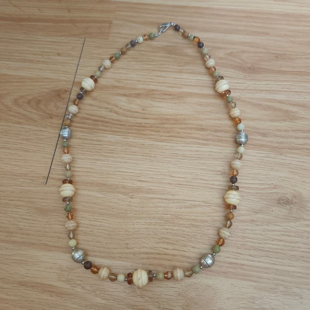 Boho Earthy Mixed‎ Bead Necklace Silver Tone Neutral Artisan Costume Statement